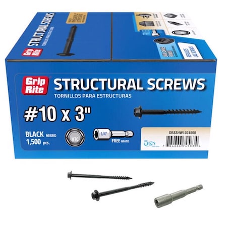 Grip-Rite Lag Screw, #10, 3 in, Hex Washer Head Torx Drive, 1500 PK GRSSHW1031500